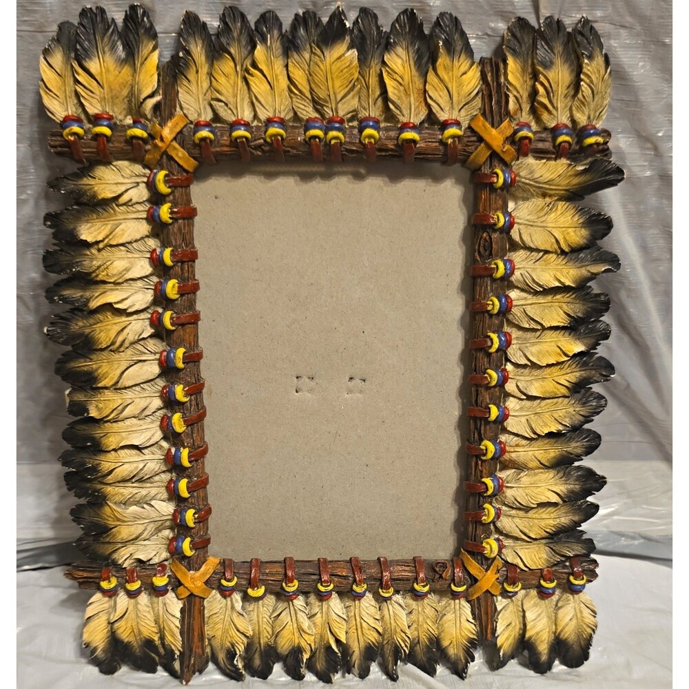 Vintage Southwest Feather Picture Frame 3D Beaded Western Decor Holds 4x6